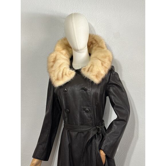 VTG Stunning 70s Leather Fur Funnel High Neck Trench Penny Lane Coat M Brown - Picture 2 of 16